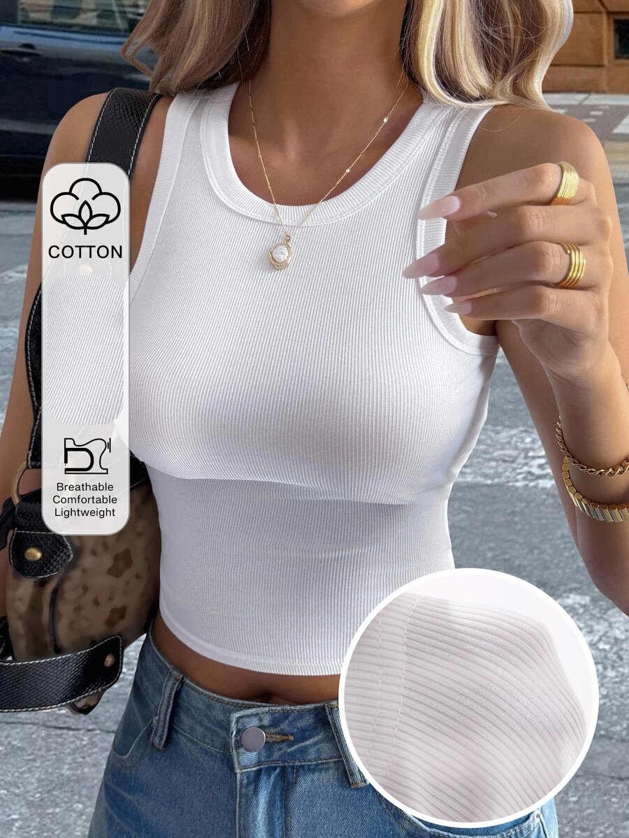 Livesso Women's White Solid Color Cotton Crew Neck Sleeveless Slim Fit Stretch Ribbed Tank Top - White - View 1