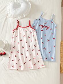2 Pieces Girls Toddler Homewear Spaghetti Strap Sleeveless Cami Dress Summer Blue White And Pink - Multicolor - View 3
