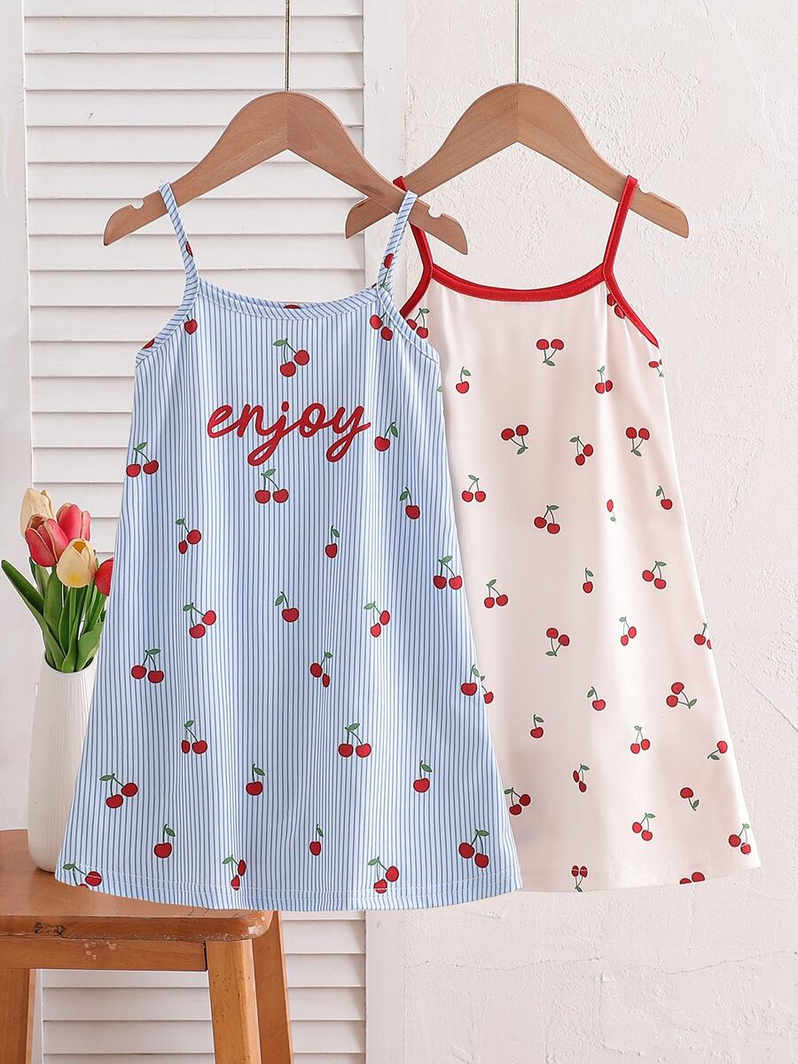 2 Pieces Girls Toddler Homewear Spaghetti Strap Sleeveless Cami Dress Summer Blue White And Pink - Multicolor - View 1