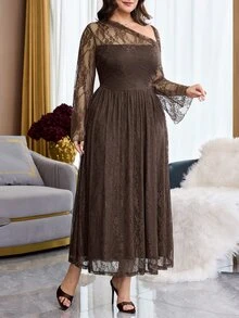 Feyla Plus Size Elegant Party Solid Color Lace Asymmetric Neckline Dress - Coffee Brown - View 5