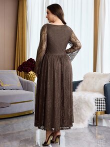 Feyla Plus Size Elegant Party Solid Color Lace Asymmetric Neckline Dress - Coffee Brown - View 2