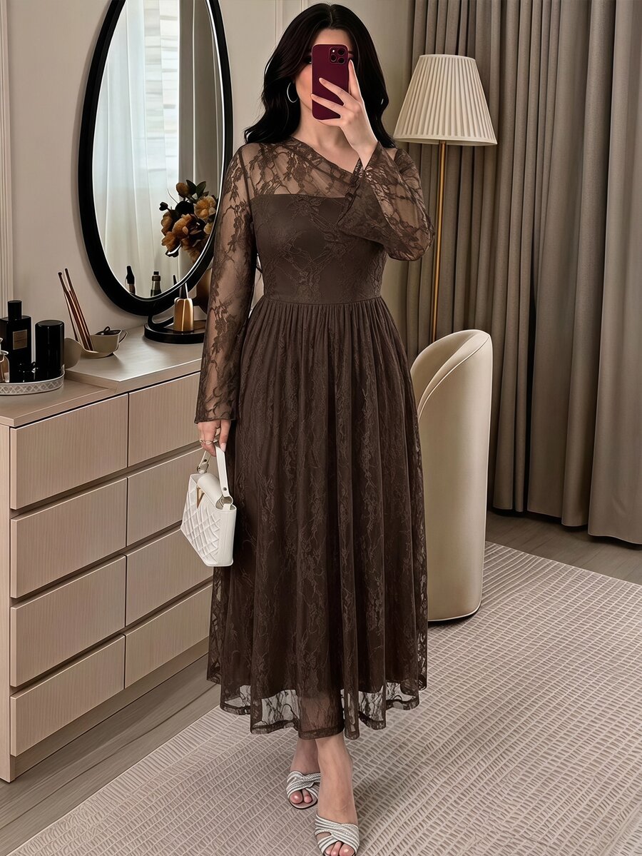 Feyla Plus Size Elegant Party Solid Color Lace Asymmetric Neckline Dress - Coffee Brown - View 1