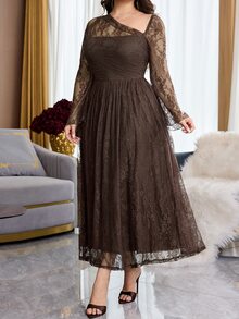 Feyla Plus Size Elegant Party Solid Color Lace Asymmetric Neckline Dress - Coffee Brown - View 6
