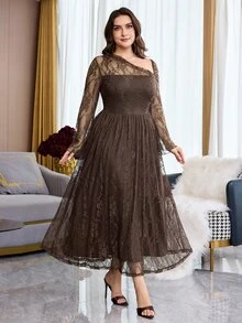 Feyla Plus Size Elegant Party Solid Color Lace Asymmetric Neckline Dress - Coffee Brown - View 7