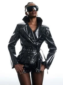 LYSMO Women's PU Leather Long Sleeve Double-Breasted Jacket Night Club Night Out Fall Outfit Chic Sexy Streetwear Kidcore Halloween Black - Black - View 5