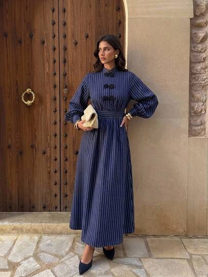 Siren Gaze Women Elegant Navy Blue Striped Long Dress With Mandarin Collar And Lantern Sleeves Vintage Fall/Winter Work Wear Napoleon Traditional Formal Dress