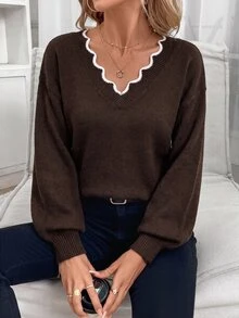 SHEIN Frenchy 女款拼色休閒百搭日常穿著長袖針織衫 - 咖啡棕 - 查看 4