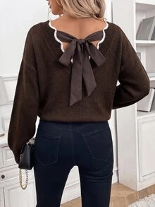 SHEIN Frenchy 女款拼色休閒百搭日常穿著長袖針織衫 - 咖啡棕 - 查看 7