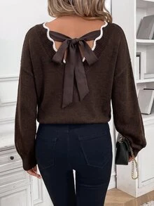 SHEIN Frenchy 女款拼色休閒百搭日常穿著長袖針織衫 - 咖啡棕 - 查看 5