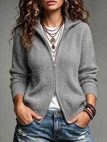 SHEIN New Fall Winter Luxury Casual Funnel Neck Knit Cardigan Women Two Way Zip Long Sleeve Drop Shoulder - Grey - View 4