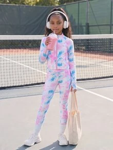 SHEIN 青少年女孩 2 件組白色與粉色印花運動服套裝 高彈性寬鬆運動休閒套裝 秋季連帽衫/毛衣/針織衫 健身運動休閒 - 粉色 - 查看 4