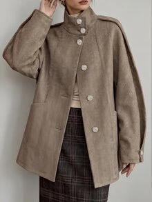 Lumivelle Vintage Herringbone Pattern Stand Collar Long Overcoat, Loose Drop Shoulder Casual Commute Women's Wool Overcoat - Mocha Brown - View 5