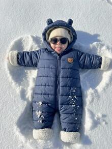SHEIN 男嬰款絎縫保暖內裡加厚冬季連身衣，適合秋冬戶外滑雪 - 藍色 - 查看 1