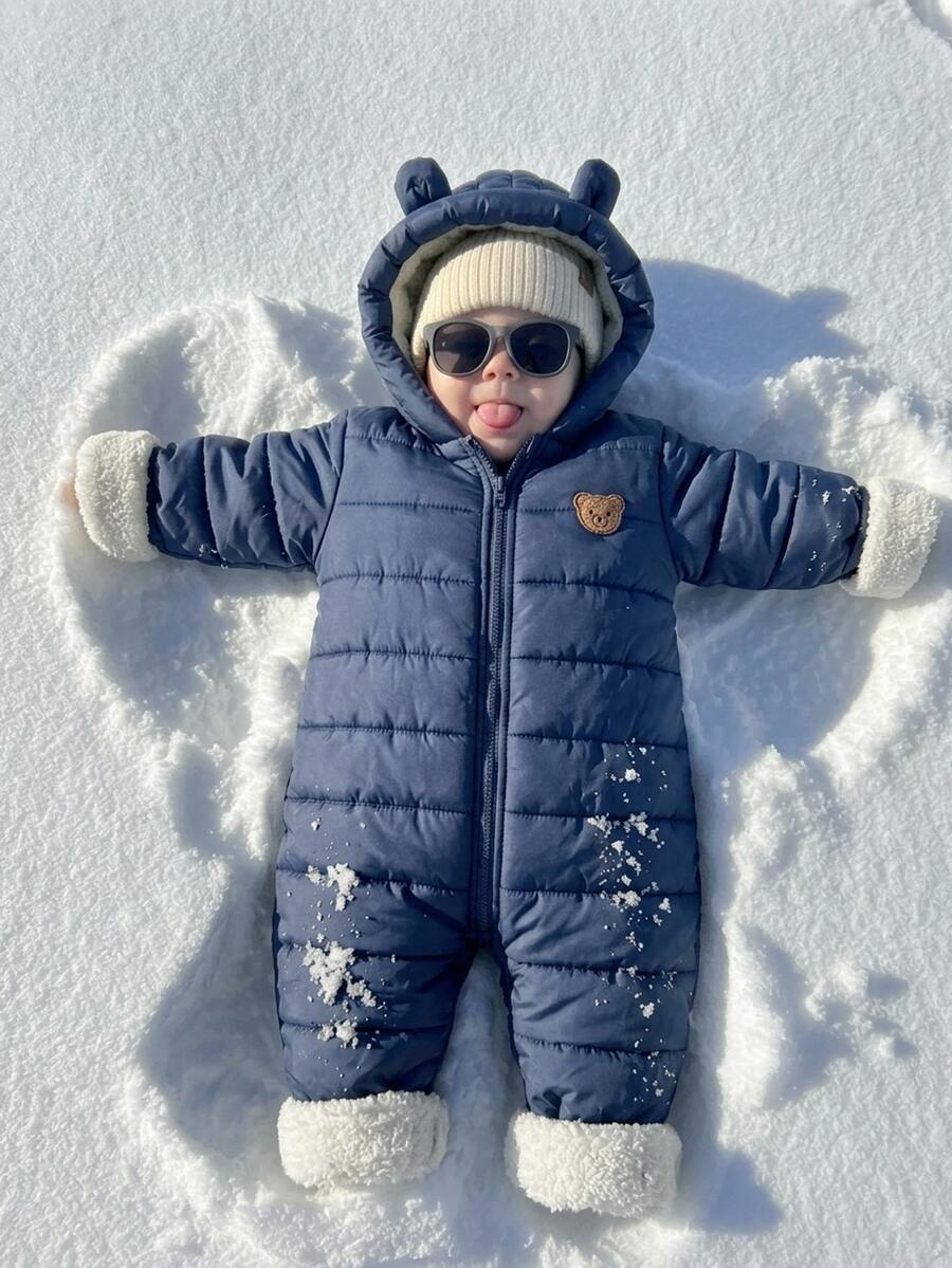 SHEIN 男嬰款絎縫保暖內裡加厚冬季連身衣,適合秋冬戶外滑雪 - 藍色 - 查看 1