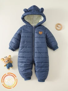 SHEIN 男嬰款絎縫保暖內裡加厚冬季連身衣，適合秋冬戶外滑雪 - 藍色 - 查看 3