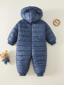 SHEIN 男嬰款絎縫保暖內裡加厚冬季連身衣，適合秋冬戶外滑雪 - 藍色 - 查看 2