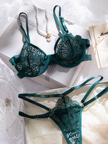 Crystal Vow 2pcs Orange Underwire Lace Bra Set, Fresh And Youthful - Dark Green - View 7