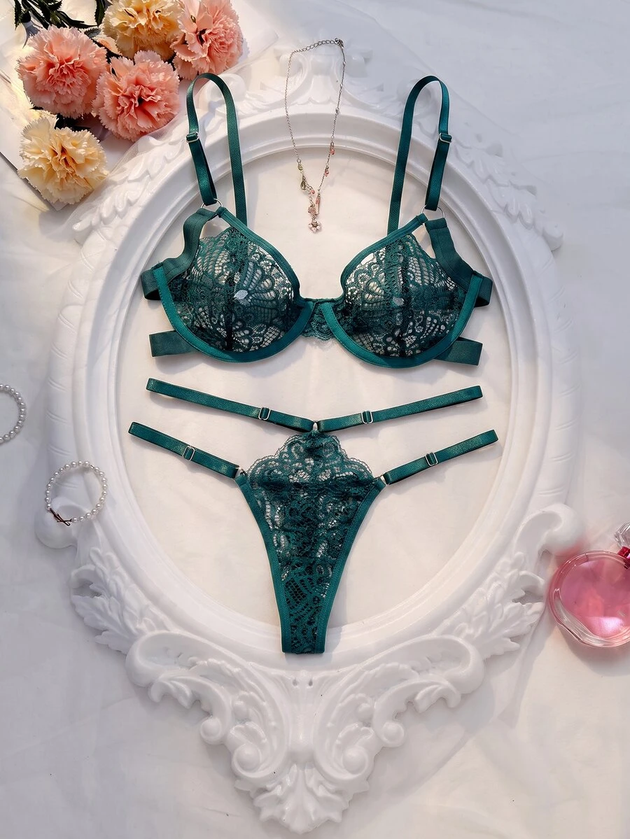 Crystal Vow 2pcs Orange Underwire Lace Bra Set, Fresh And Youthful - Dark Green - View 1