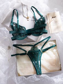 Crystal Vow 2pcs Orange Underwire Lace Bra Set, Fresh And Youthful - Dark Green - View 4
