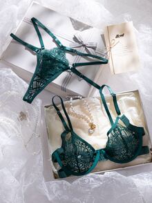 Crystal Vow 2pcs Orange Underwire Lace Bra Set, Fresh And Youthful - Dark Green - View 3