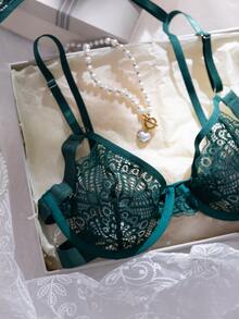 Crystal Vow 2pcs Orange Underwire Lace Bra Set, Fresh And Youthful - Dark Green - View 5