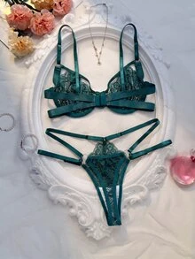 Crystal Vow 2pcs Orange Underwire Lace Bra Set, Fresh And Youthful - Dark Green - View 2