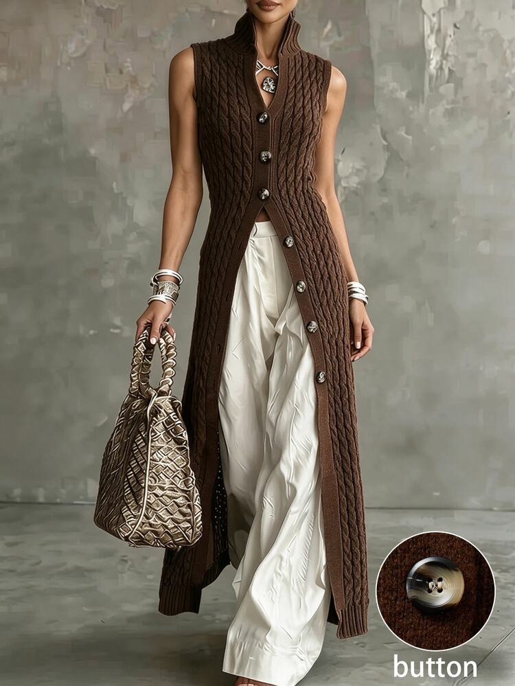 SHEIN Cable Knit Sleeveless Midi Dress Stand Collar Front Button Slim Knit Vest Dress - Brown - View 3