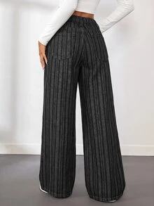 SHEIN 青少年女孩條紋黑色牛仔寬鬆長褲 - 黑色 - 查看 4