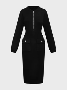 Balvessa Elegant Front Zipper Slim Fit Black Pocket Decor Button Women's Sweater Dress Office Autumn - Black - View 3