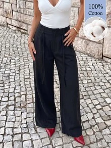 Avantive Women's Solid Color Pocket Wide Leg Loose Casual Long Pants (100% Cotton) - Black - View 3