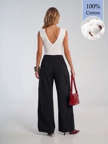 Avantive Women's Solid Color Pocket Wide Leg Loose Casual Long Pants (100% Cotton) - Black - View 2