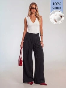 Avantive Women's Solid Color Pocket Wide Leg Loose Casual Long Pants (100% Cotton) - Black - View 4