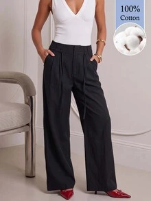 Avantive Women's Solid Color Pocket Wide Leg Loose Casual Long Pants (100% Cotton) - Black - View 8