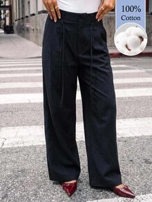 Avantive Women's Solid Color Pocket Wide Leg Loose Casual Long Pants (100% Cotton) - Black - View 1