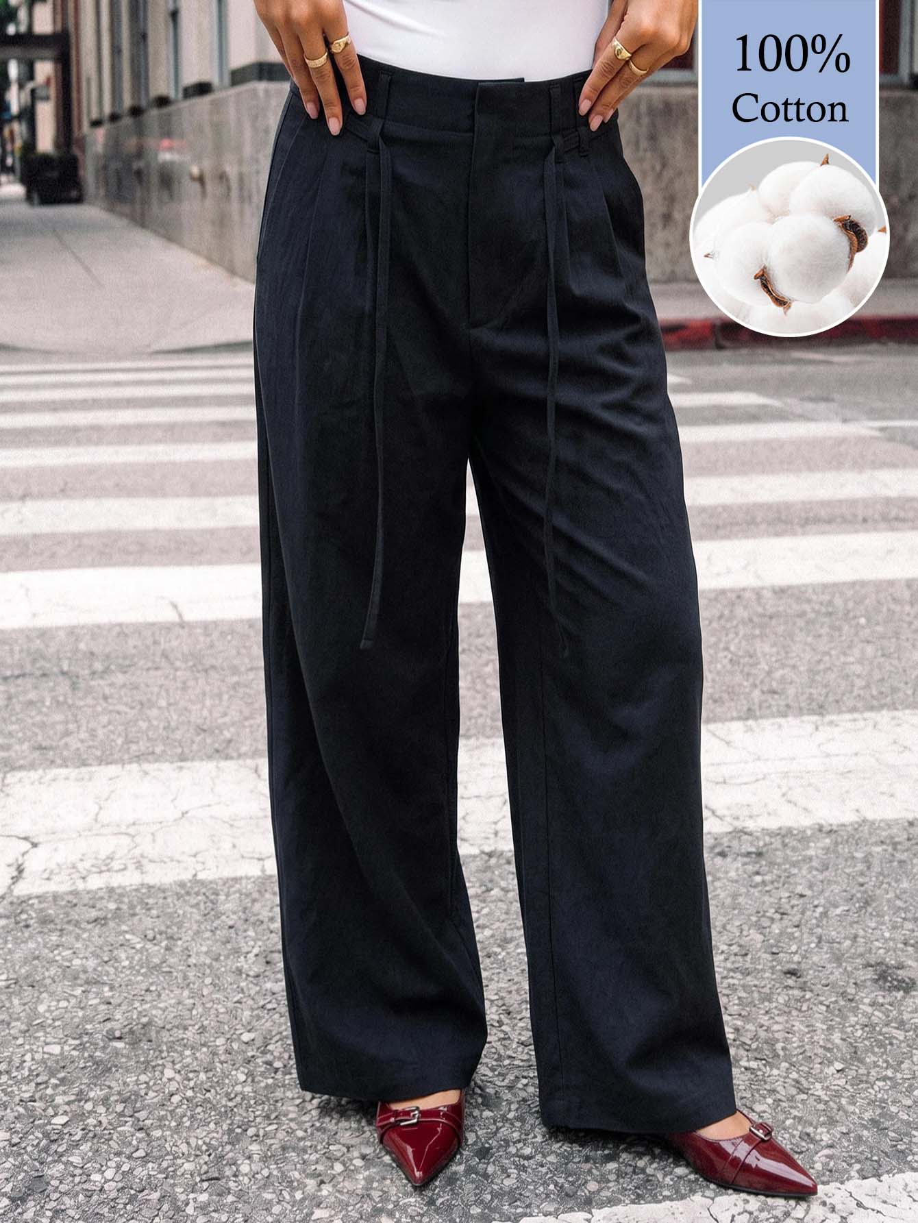 Avantive Women's Solid Color Pocket Wide Leg Loose Casual Long Pants (100% Cotton) - Black - View 1