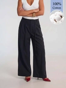 Avantive Women's Solid Color Pocket Wide Leg Loose Casual Long Pants (100% Cotton) - Black - View 6