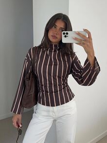 Siren Gaze تي شيرت نسائي جديد للخريف بأكمام واسعة مخططة، ملابس علوية نسائية للخروج والغداء، توب كاجوال أنيق بني مخطط بياقة قمعية للحفلات والخروجات - متعدد الألوان - مشاهدة 9