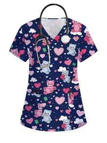 PopScrub 卡通熊心形短袖女士护理手术服上衣，护士制服 - 彩色 - 查看 1