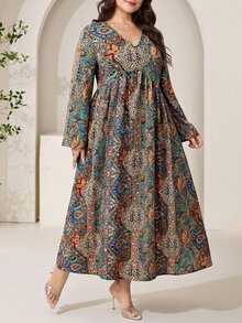 Al Najma 大尺碼女款綠色度假風腰果印花V領長袖阿拉伯風洋裝 - 彩色 - 查看 8