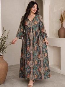 Al Najma 大尺碼女款綠色度假風腰果印花V領長袖阿拉伯風洋裝 - 彩色 - 查看 1