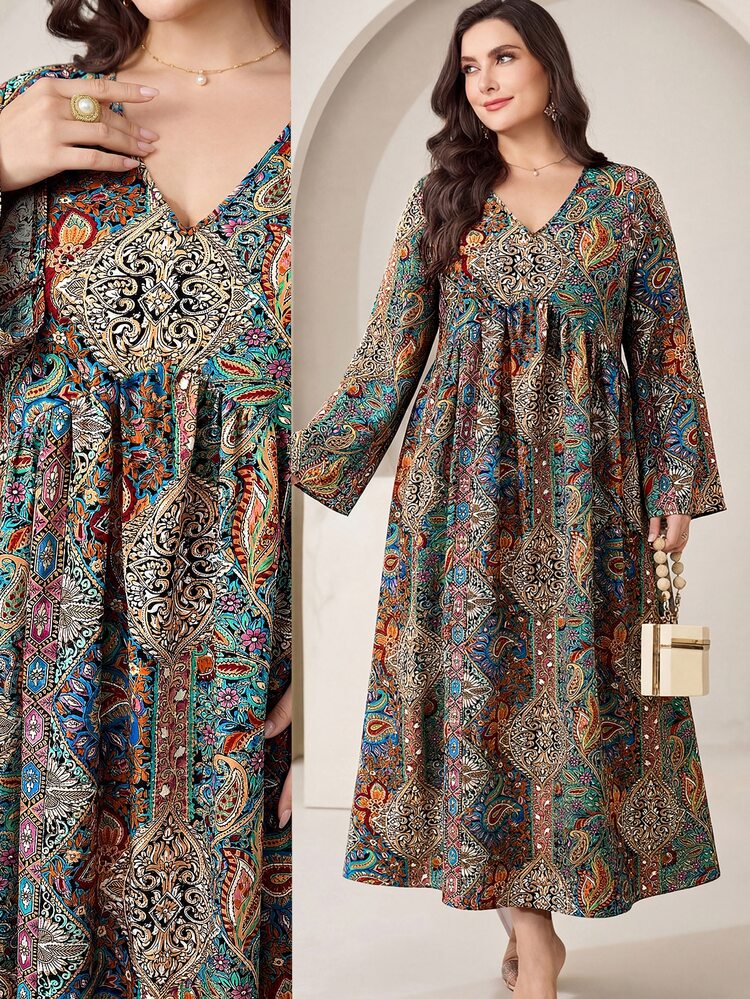Al Najma Plus Size Women's Green Vacation Cashew Print V-Neck Long Sleeve Arabic Style Dress - Multicolor - View 3