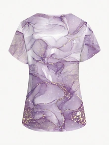 PopScrub Plus Size Rennaissance Purple Tie Dye Graphic Print V-Neck Scrub Top,Nurse Healthcare Uniform For Work,Short Sleeve Pocket Ear Loop Split Hem Top - Multicolor - View 3