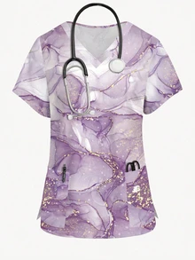 PopScrub Plus Size Rennaissance Purple Tie Dye Graphic Print V-Neck Scrub Top,Nurse Healthcare Uniform For Work,Short Sleeve Pocket Ear Loop Split Hem Top - Multicolor - View 7