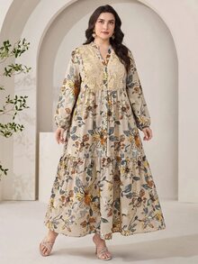 Al Najma 大尺碼女款缺口V領花卉印花休閒波西米亞風Ninang派對泰國度假婚禮加勒比阿拉伯風洋裝 米色 秋季 - 彩色 - 查看 2