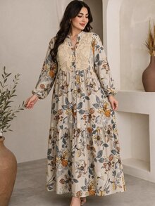 Al Najma 大尺碼女款缺口V領花卉印花休閒波西米亞風Ninang派對泰國度假婚禮加勒比阿拉伯風洋裝 米色 秋季 - 彩色 - 查看 1
