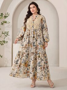 Al Najma 大尺碼女款缺口V領花卉印花休閒波西米亞風Ninang派對泰國度假婚禮加勒比阿拉伯風洋裝 米色 秋季 - 彩色 - 查看 5