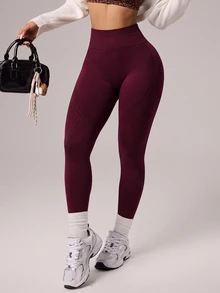 Slayform Slayform Women's Solid Color High Waist Casual Sports Leggings Seamless,Burgundy Butt-Lifting Tight Athletic Leggings,Suitable For Fitness, Yoga - Burgundy - View 8