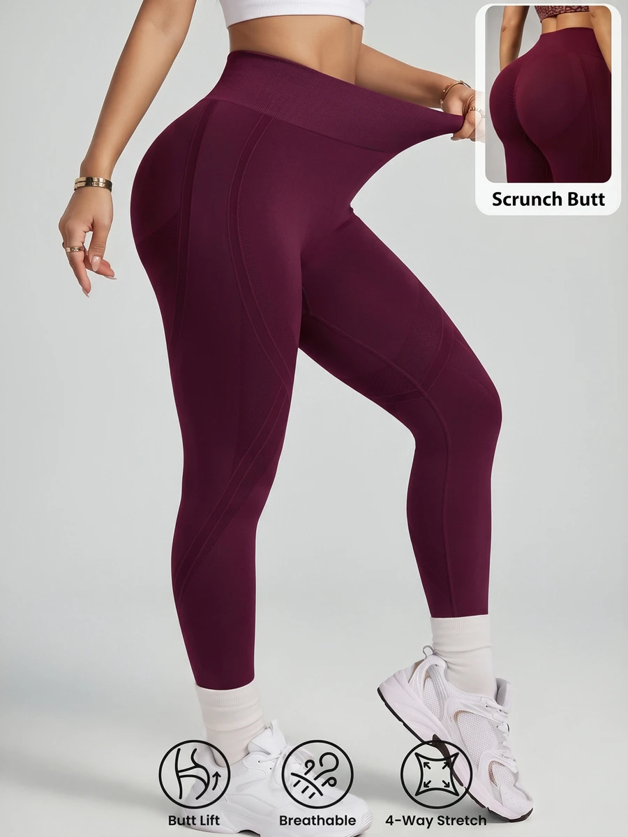 Slayform Slayform Women's Solid Color High Waist Casual Sports Leggings Seamless,Burgundy Butt-Lifting Tight Athletic Leggings,Suitable For Fitness, Yoga - Burgundy - View 1