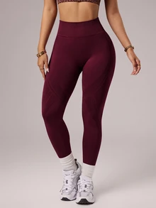 Slayform Slayform Women's Solid Color High Waist Casual Sports Leggings Seamless,Burgundy Butt-Lifting Tight Athletic Leggings,Suitable For Fitness, Yoga - Burgundy - View 6