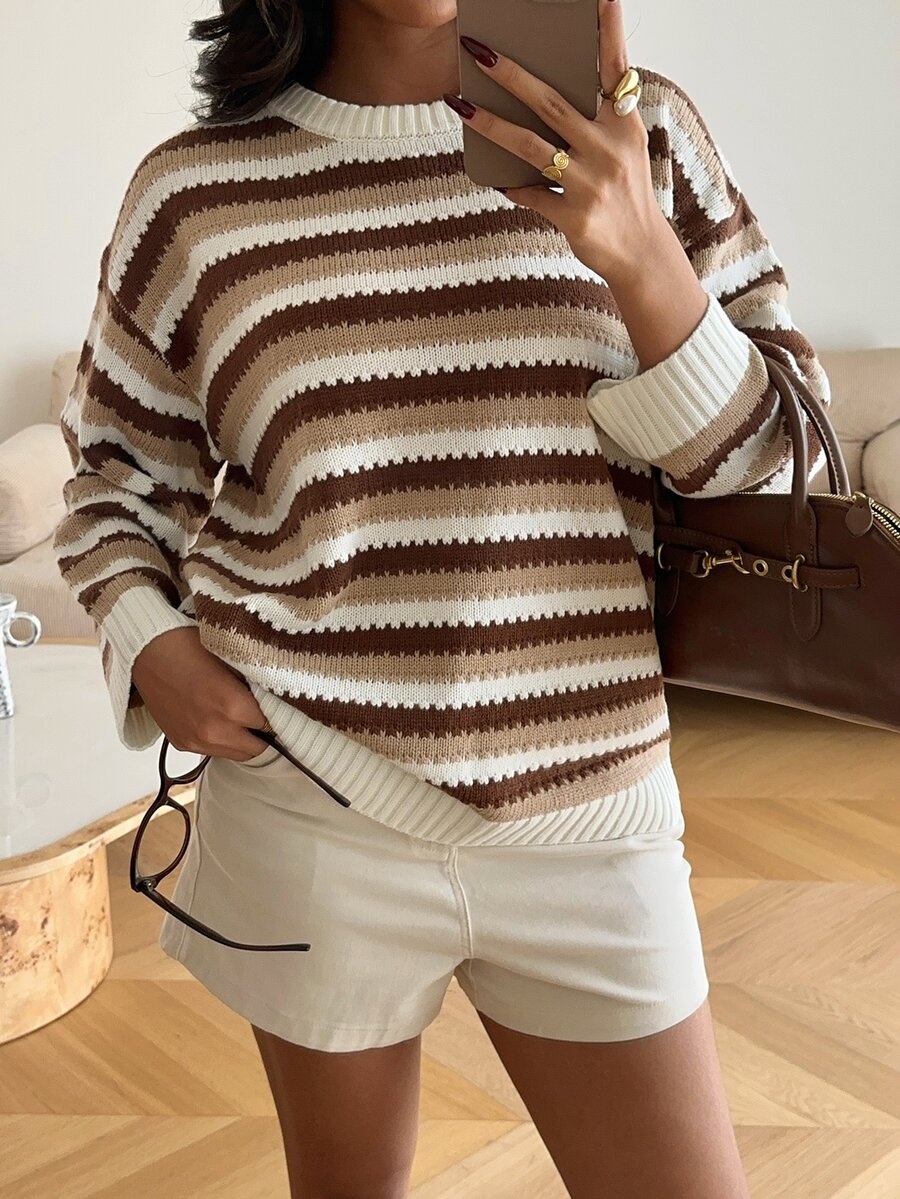Autumina Women's Fashion Striped Color Block Long Sleeve Sweater Vintage - Khaki - View 1